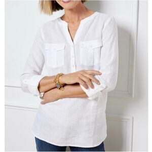 Talbots 100% Linen Blouse Womens Sz MP White Long Tab Sleeve V-neck Summer Wear